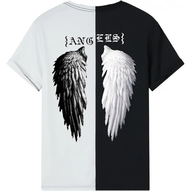 Men's grey short sleeve street T-shirt with abstract digital print, casual pullover style.