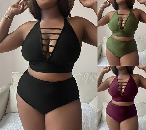 Plus size black halter bikini with adjustable straps and high-waist briefs on a mannequin.