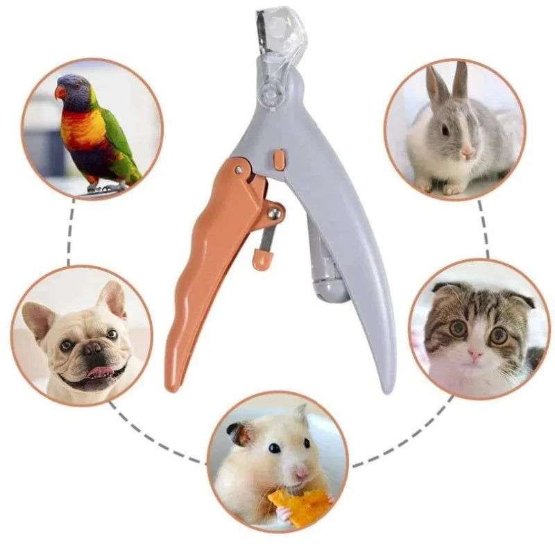 Yellow pet nail clipper with built-in LED light and magnifying glass for dog and cat grooming.
