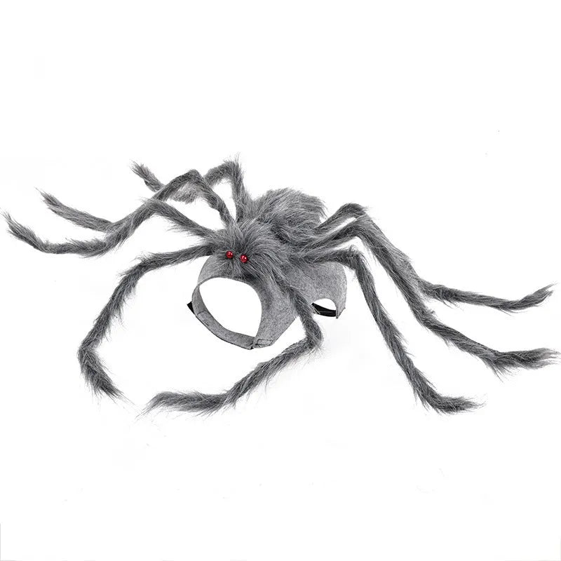 Grey and black spider Halloween costume on a dog showing back covering and adjustable leg straps.