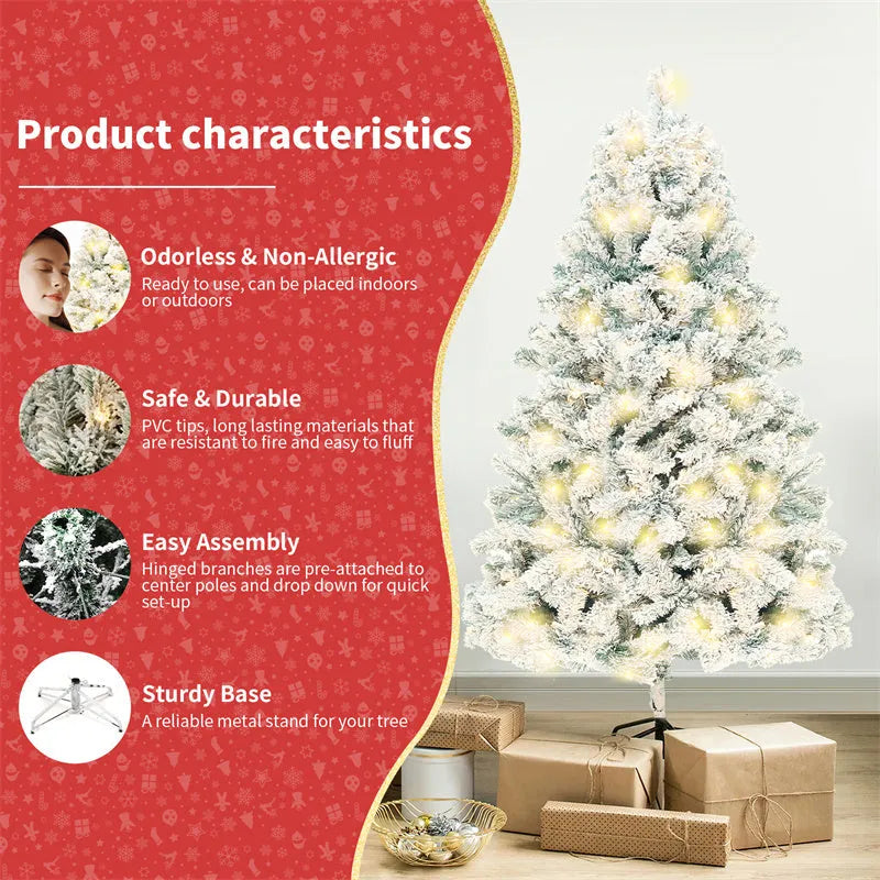 Artificial green and white snow-effect PVC Christmas tree with metal stand.
