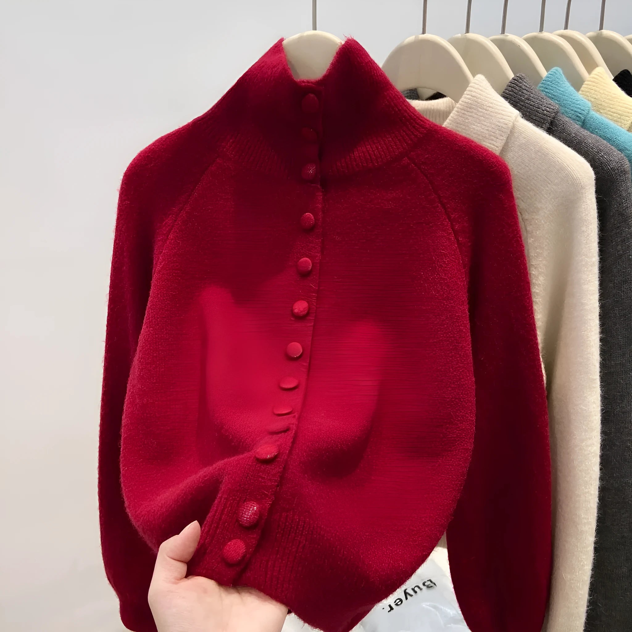 Women's turtleneck single-breasted cardigan in thick knitted polyester, button front, loose fit, available in multiple colours