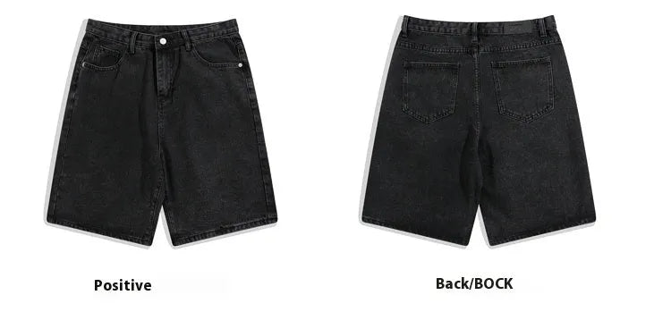 Men's straight-leg denim shorts in light blue, shown with a zip fly and mid-waist design.