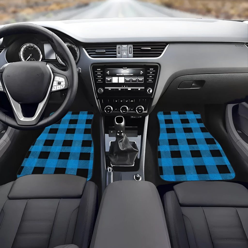 Black printed rubber car foot mat set showing four pieces for vehicle footwells.