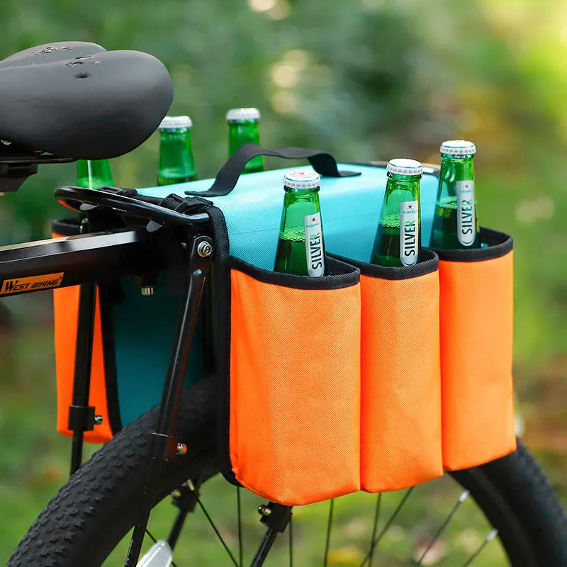 Black and orange bicycle handlebar bag for two drink bottles, made from 600D PVC material.