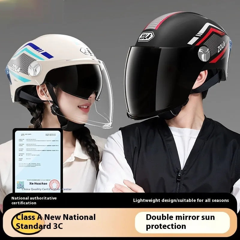 A light brown 3C certified motorcycle half helmet with a double mirror visor on a stand.