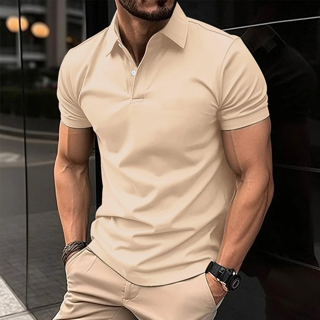 Men's solid colour short sleeve polo shirt with button lapel collar.