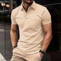 Men's solid colour short sleeve polo shirt with button lapel collar.