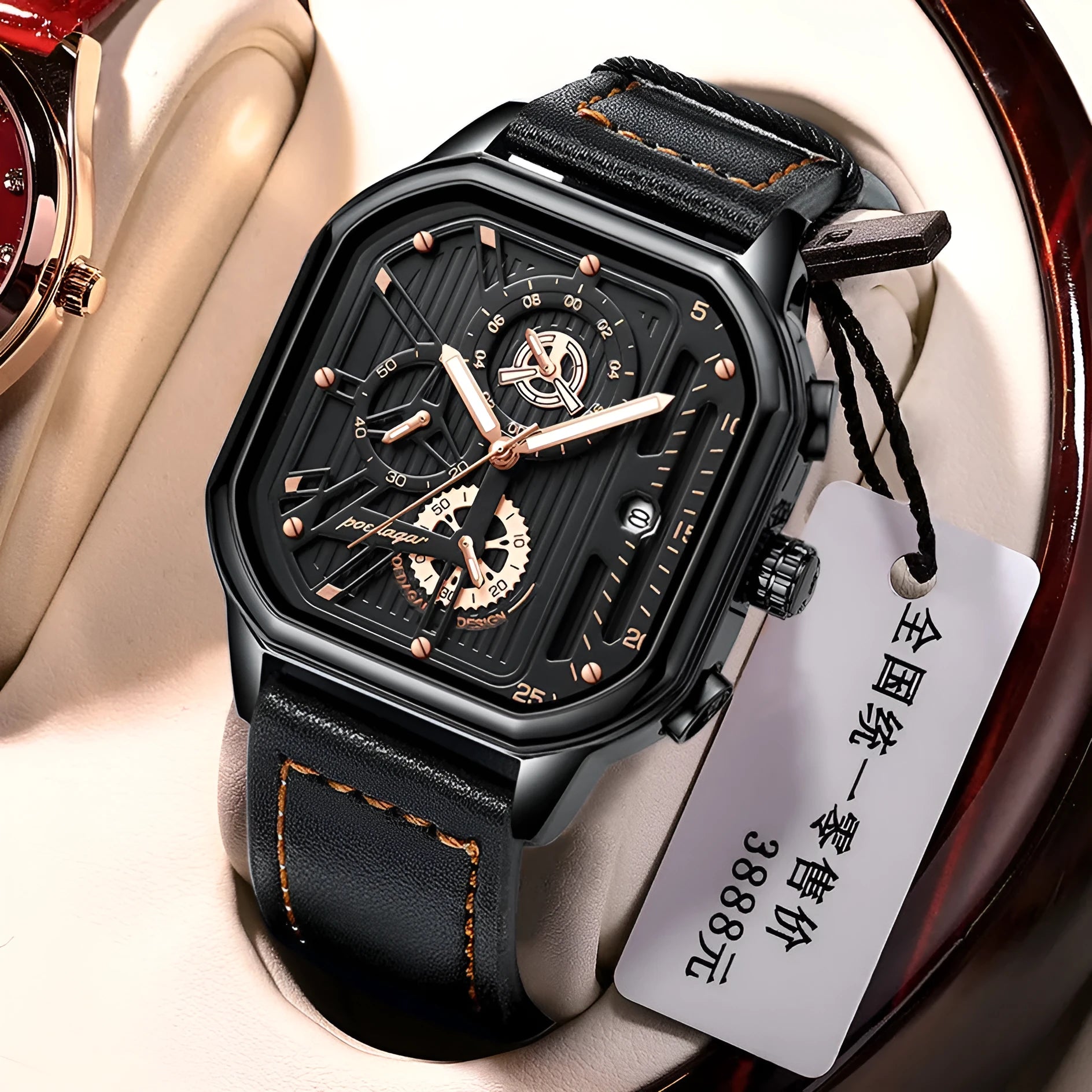 Men's belt-style sports watch with quartz movement showing 8mm thickness and multiple colour options
