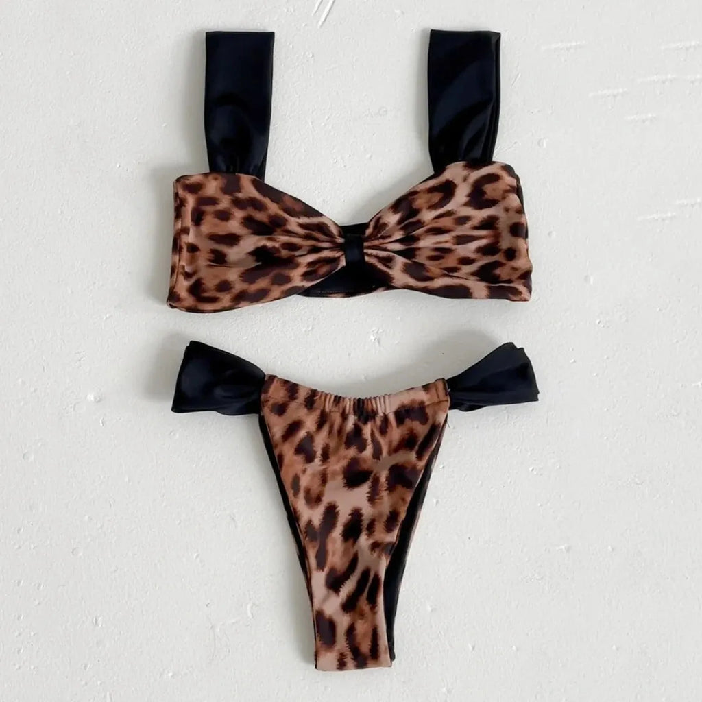 Women's leopard print and black bikini set with tube top and split-style briefs