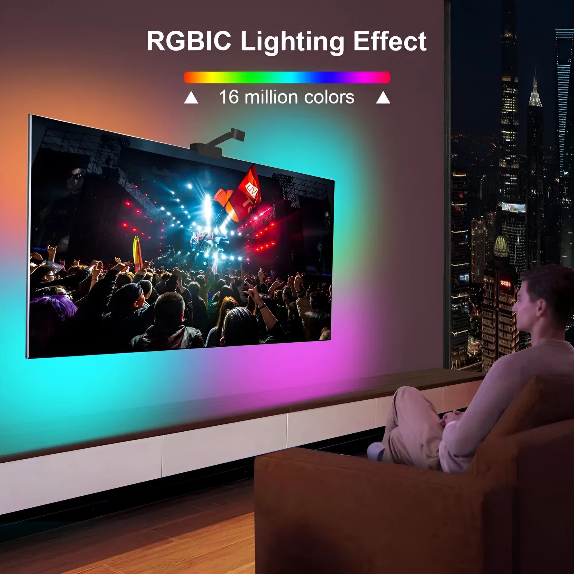 Smart TV LED backlight strip with camera for syncing colours, showing remote and app control.