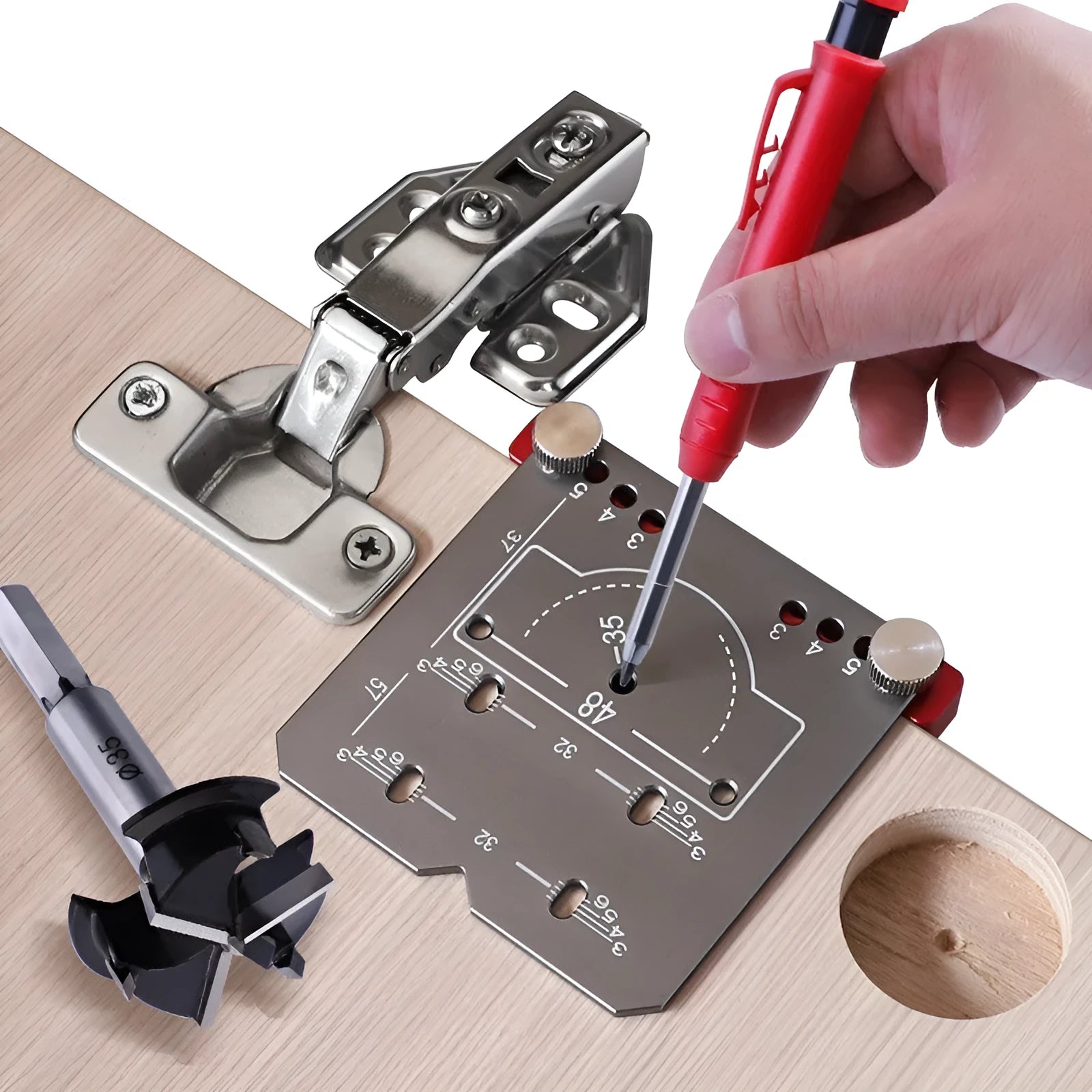 Red aluminium alloy hinge locating ruler with adjustable margin settings for 35mm cabinet hinges.