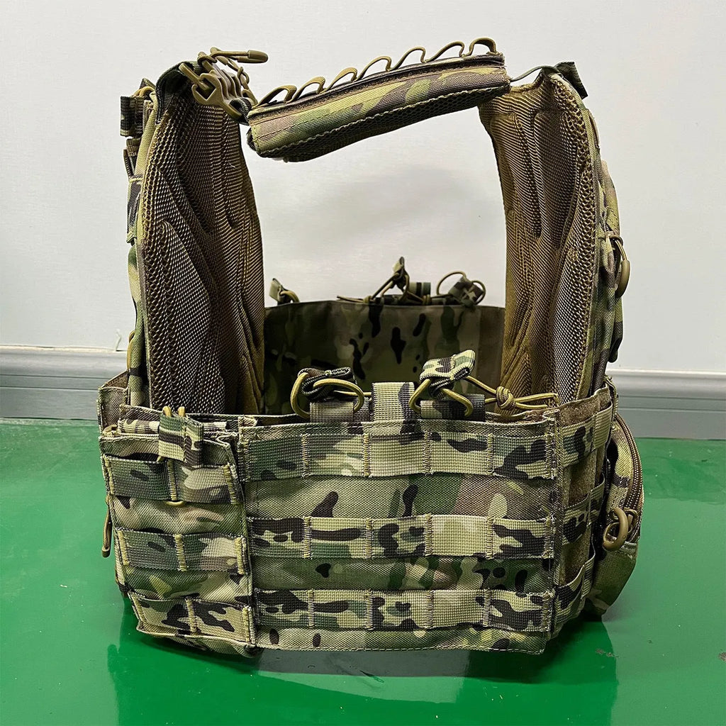 Solid colour Oxford cloth tactical vest in army green shown front view for outdoor use