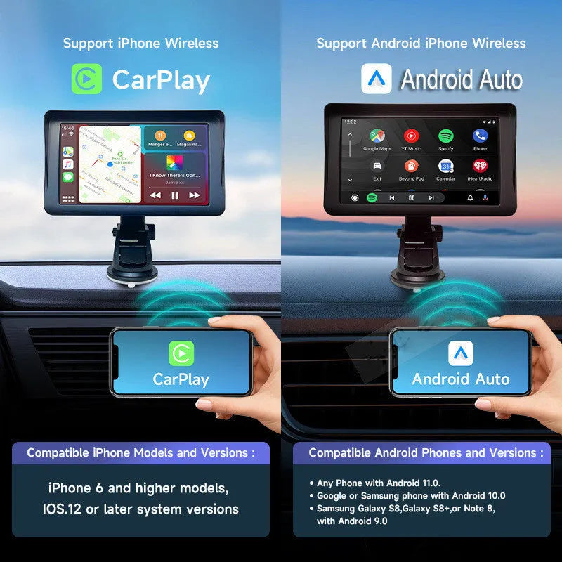 7-inch portable car smart display with wireless Carplay mounted on windshield