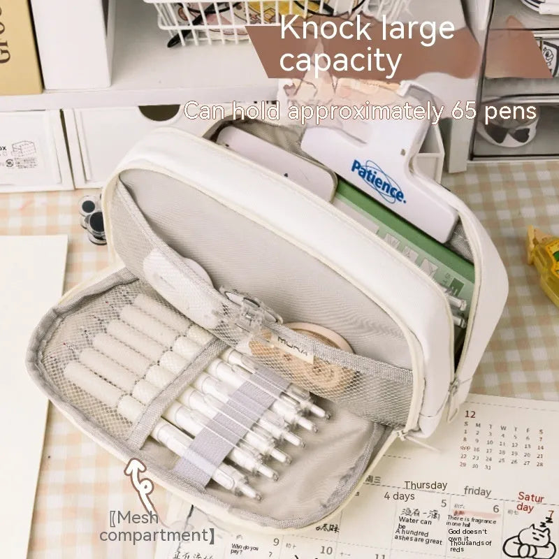 Korean-style large capacity canvas pencil case in green, beige, blue, and grey colour options.