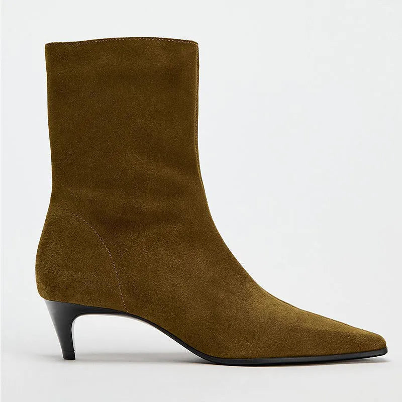 Brown square toe high heel ankle boots with a side zip and a stiletto kitten heel.