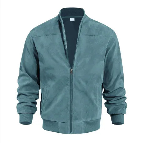Men's plus size suede zip-front casual jacket shown in army green colour.