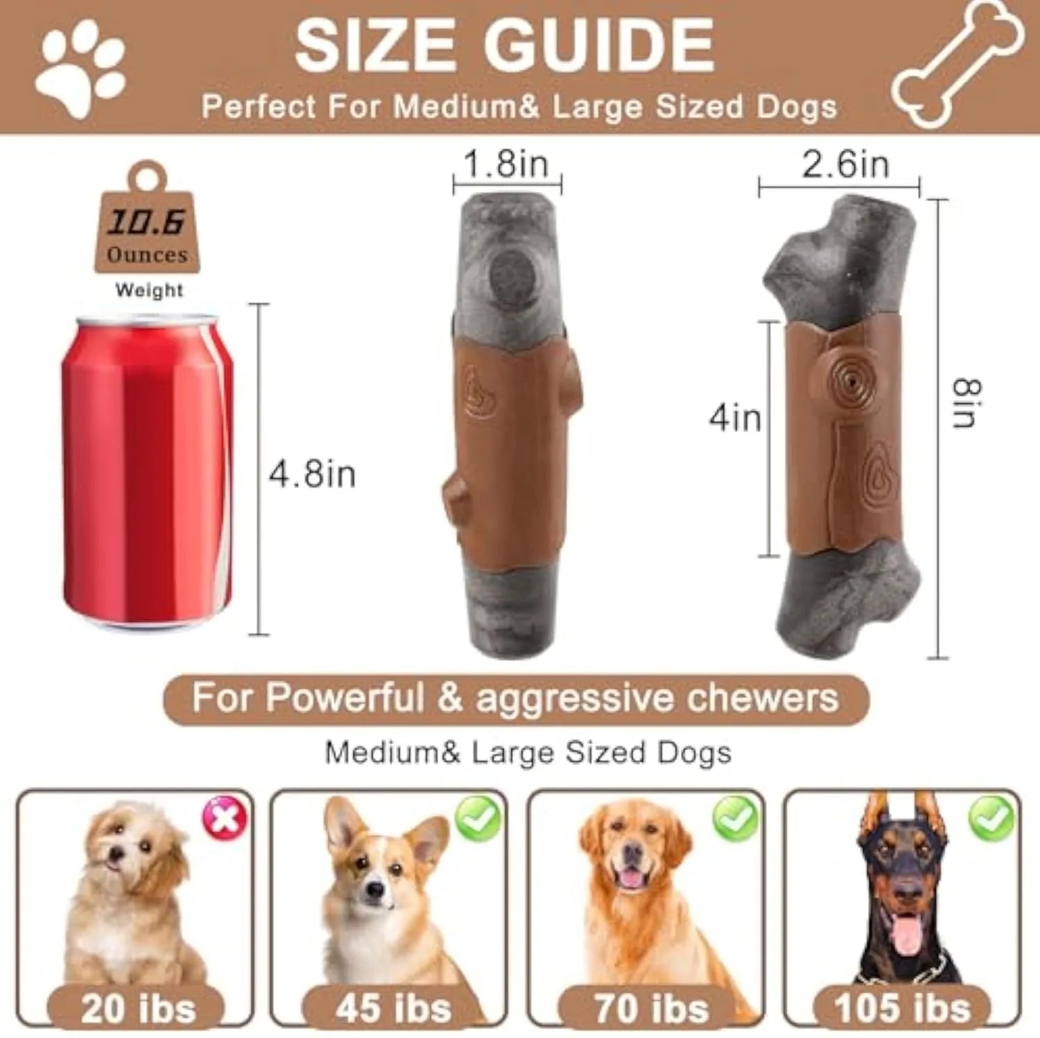 Large, branch-shaped durable nylon dog chew toy for aggressive chewing, shown with bacon flavour and squeaker.