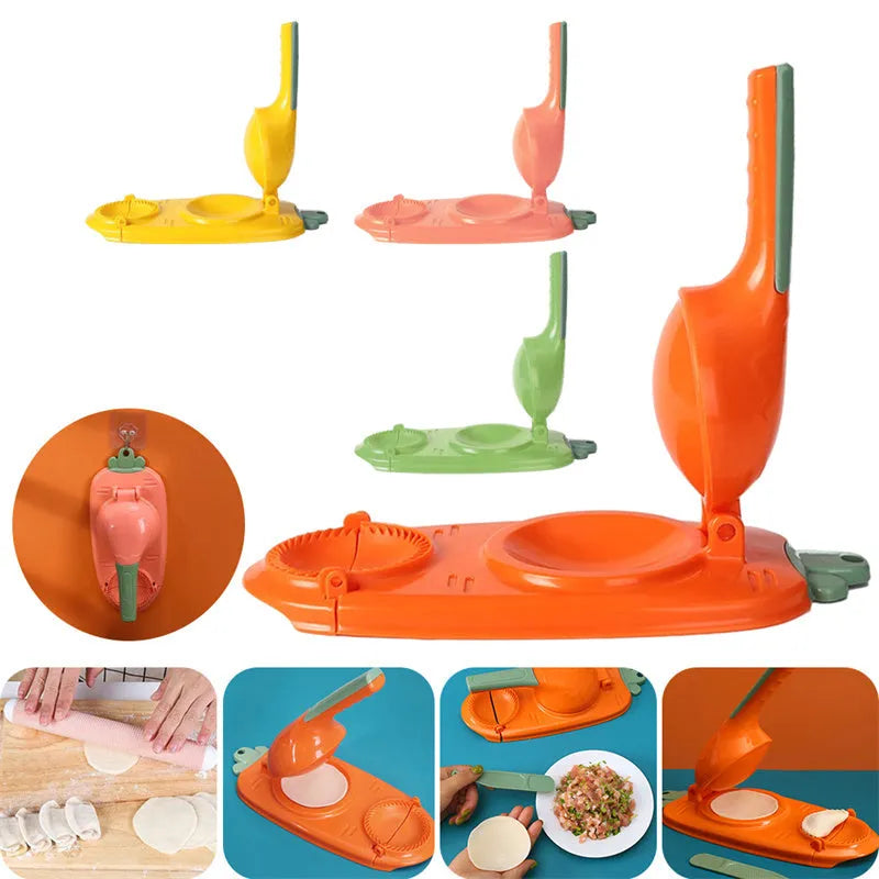 Orange and white 2-in-1 kitchen dumpling making tool with ergonomic handle and hanging hole