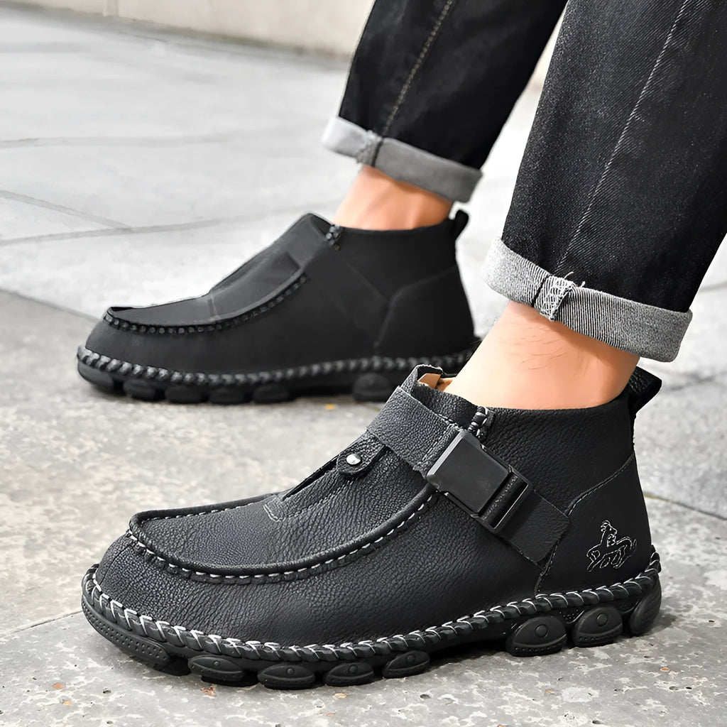 Handmade brown literary retro style slip-on shoes with flat heel and sewing sole construction.