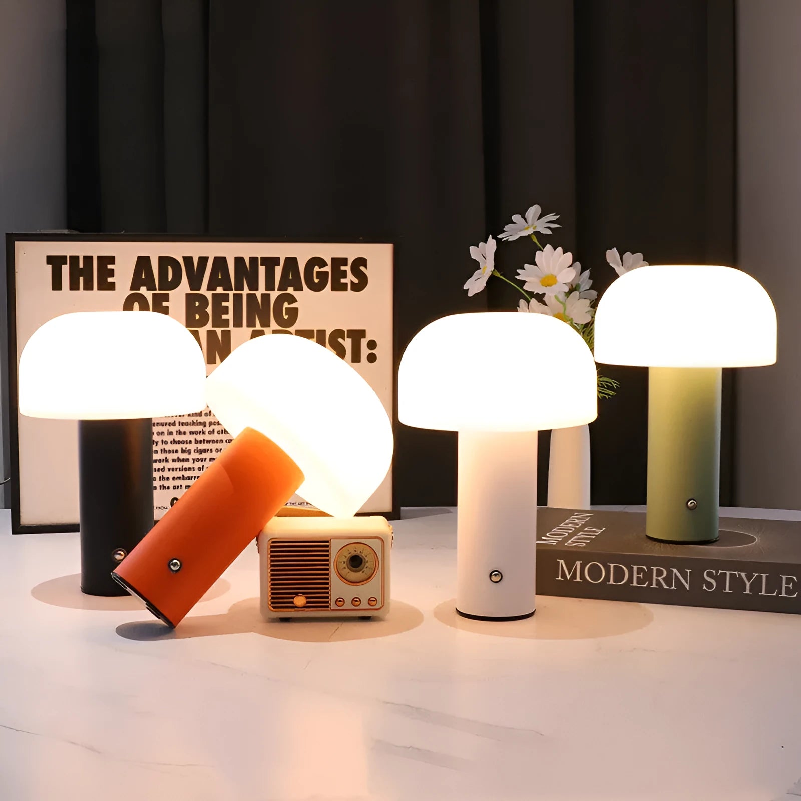 USB-powered plastic table lamp in black, white, orange, and green colour options.