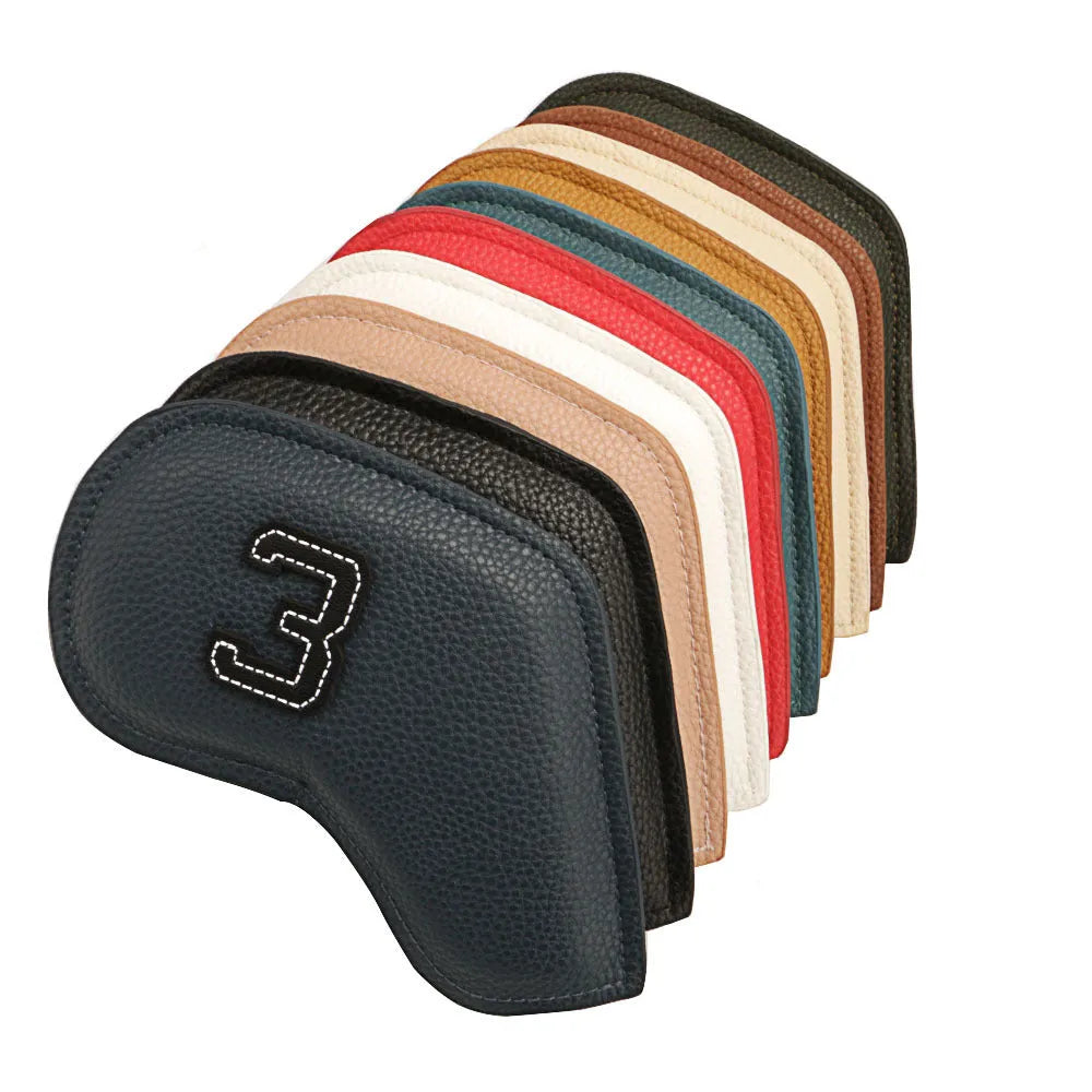 Set of 10 digitally printed PU golf club head covers in assorted designs.