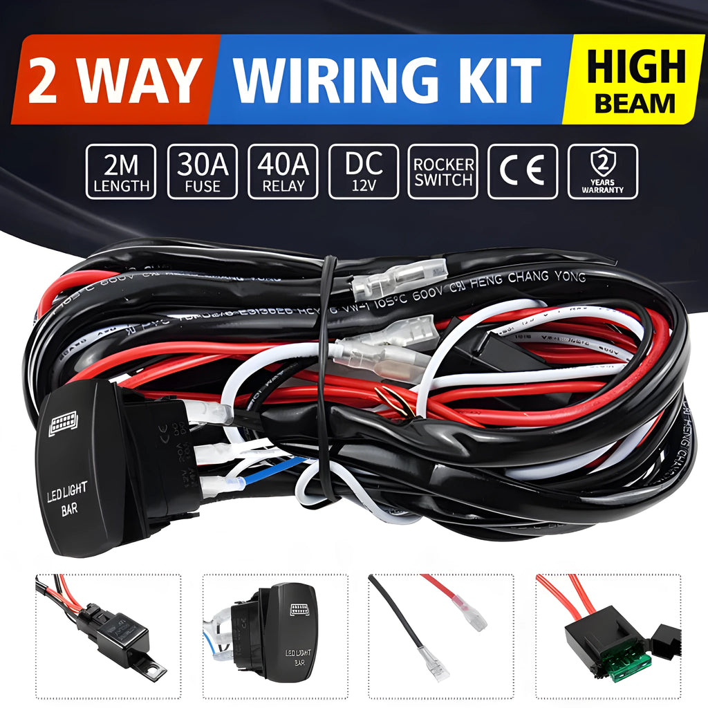 Black off-road LED spotlight wiring harness kit with 2-metre cable and waterproof switch