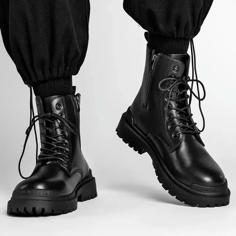 Men's black mid-top waterproof boots with flat rubber sole and PU upper