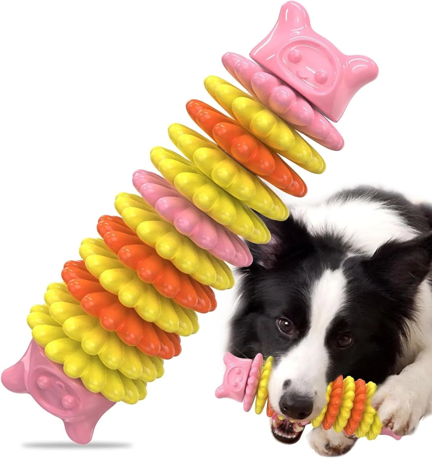 Blue rubber caterpillar-shaped dog chew toy for aggressive chewers on a plain background.