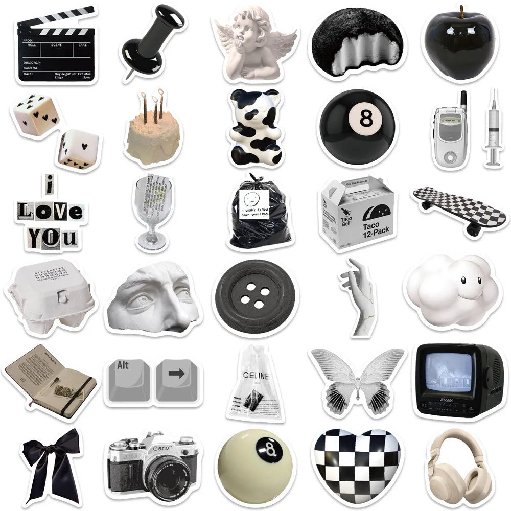 61-piece black and white PVC waterproof sticker pack for laptops and coffee cups