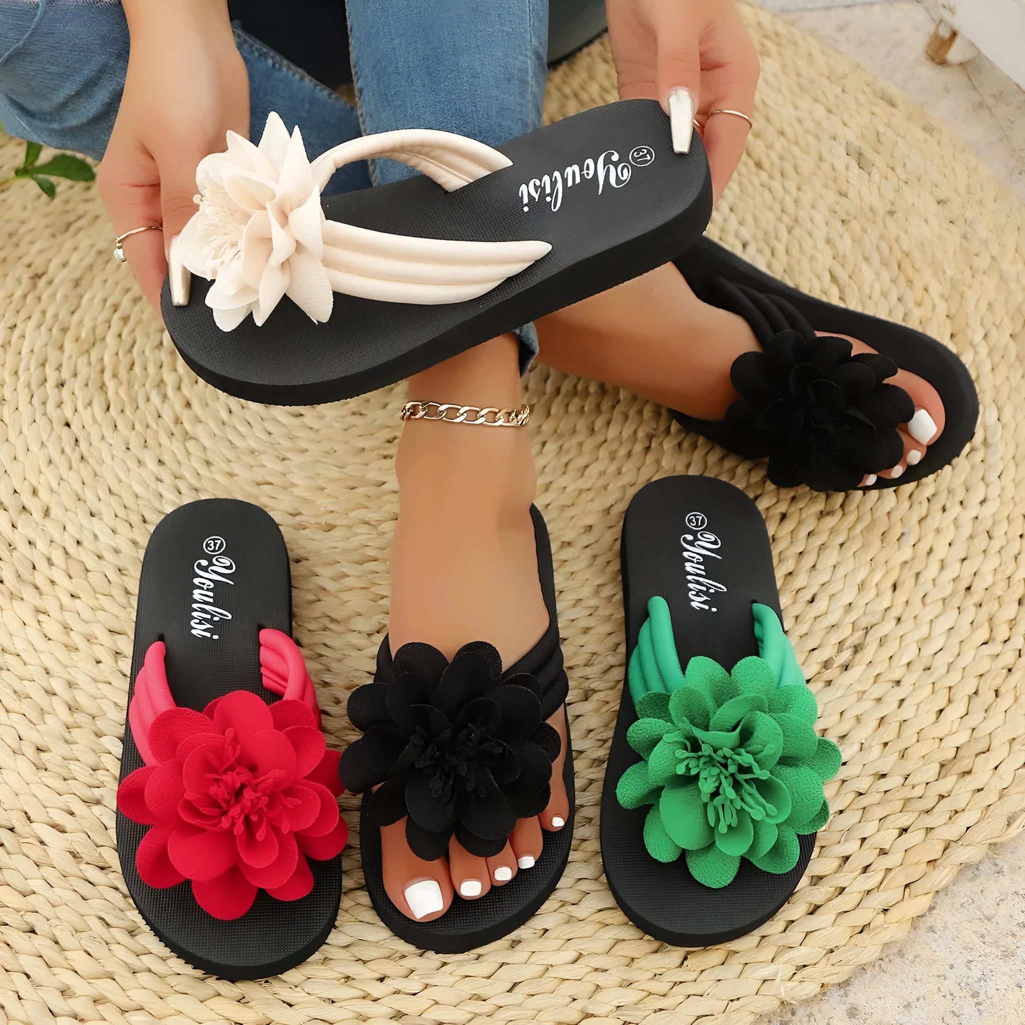 Women's floral flip-flop sandals in beige with a lightweight EVA sole.