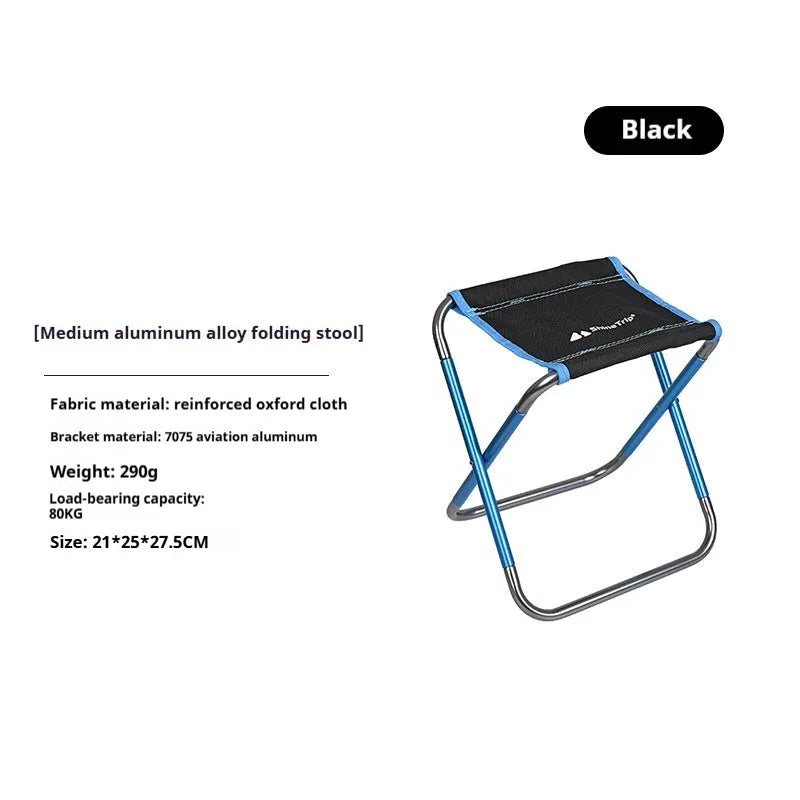 Black aluminium alloy folding stool in a folded and unfolded state.