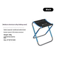 Black aluminium alloy folding stool in a folded and unfolded state.