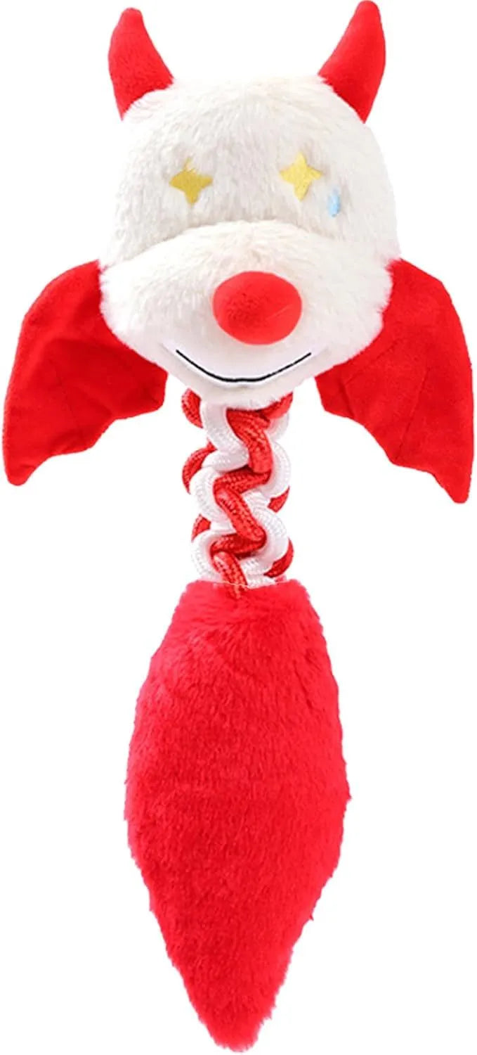 Soft plush dog toy with cartoon design, shown in green, red, or black colour.