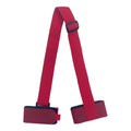 A black adjustable hook and loop strap for securing a skiing bandage to the shoulder during sled sports.