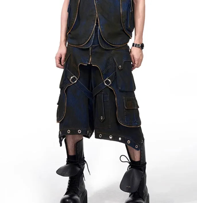 Korean style blue hooded denim vest coat and trousers set with heavy industry deconstructs design