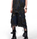 Korean style blue hooded denim vest coat and trousers set with heavy industry deconstructs design