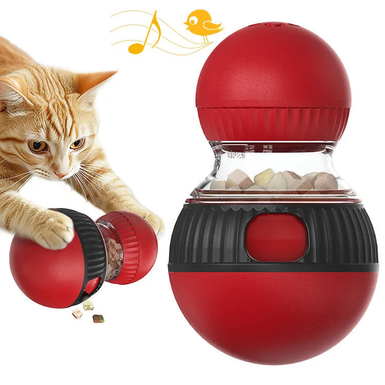 Rotating plastic cat toy ball with food dropping compartment and sound feature.