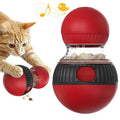 Rotating plastic cat toy ball with food dropping compartment and sound feature.