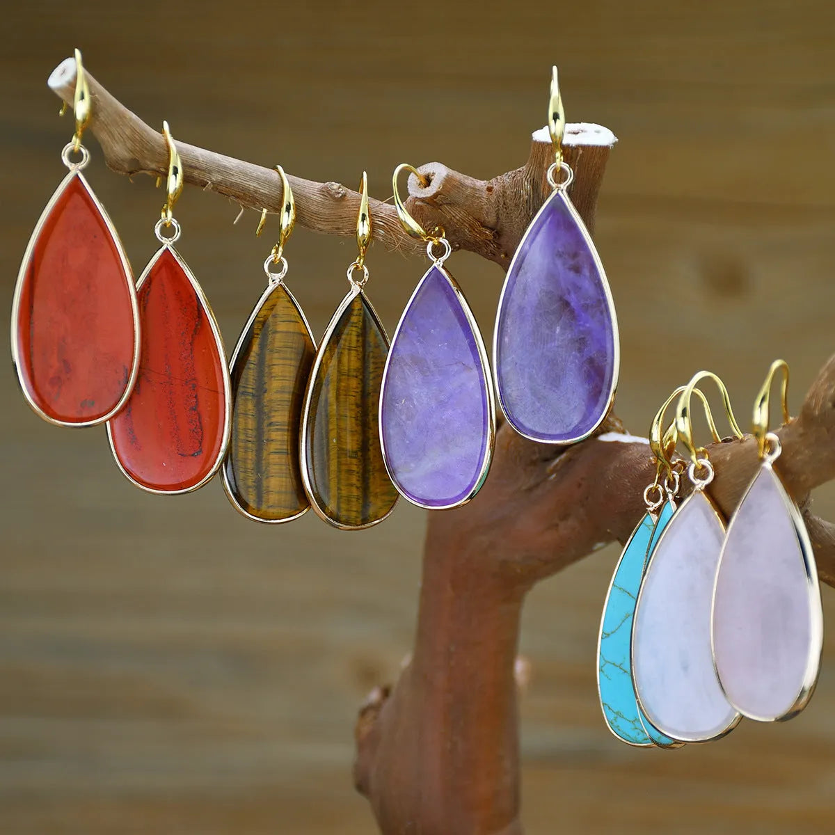 Vintage long water drop earrings handmade from stone in tigereye, amethyst, pink crystal, redstone or turquoise