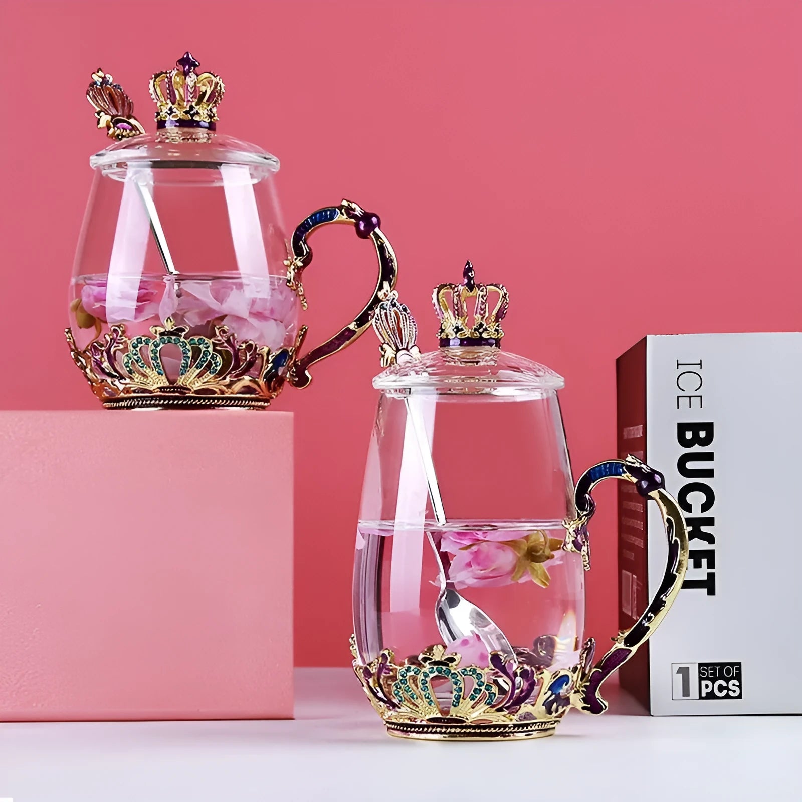 Household enamel cup crown flower tea cup set with heat-resistant glass cup, spoon, lid, and plate, round shape, 301-400ml