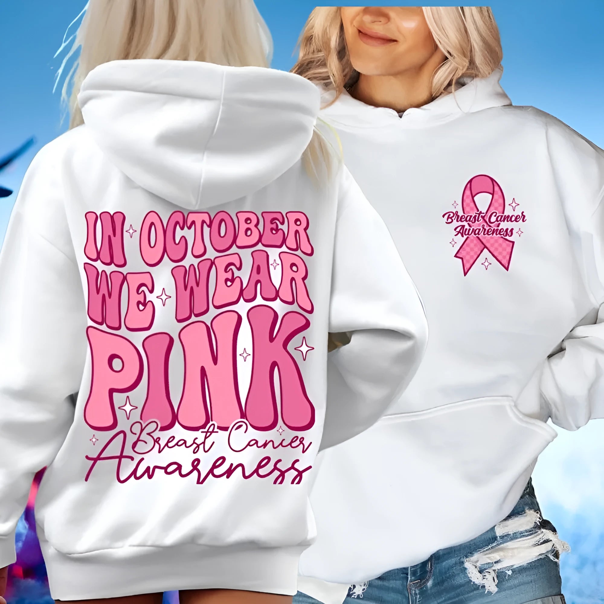 Breast Cancer Awareness retro print hoodie with side pockets in pink, white, khaki, or black.