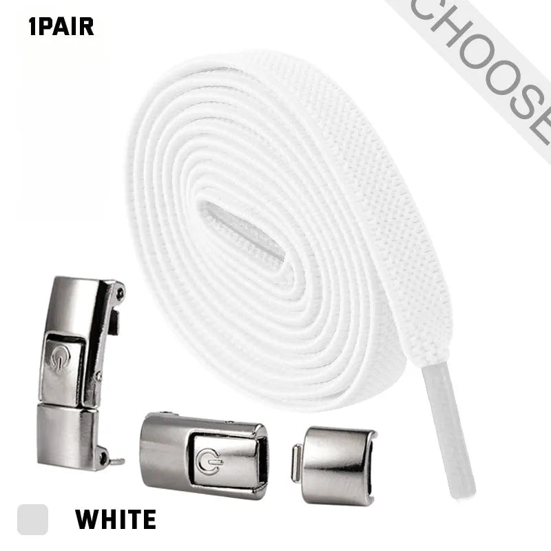 Set of press lock elastic shoelaces with 8mm flat width in various solid colours on a white background.