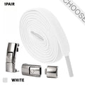 Set of press lock elastic shoelaces with 8mm flat width in various solid colours on a white background.
