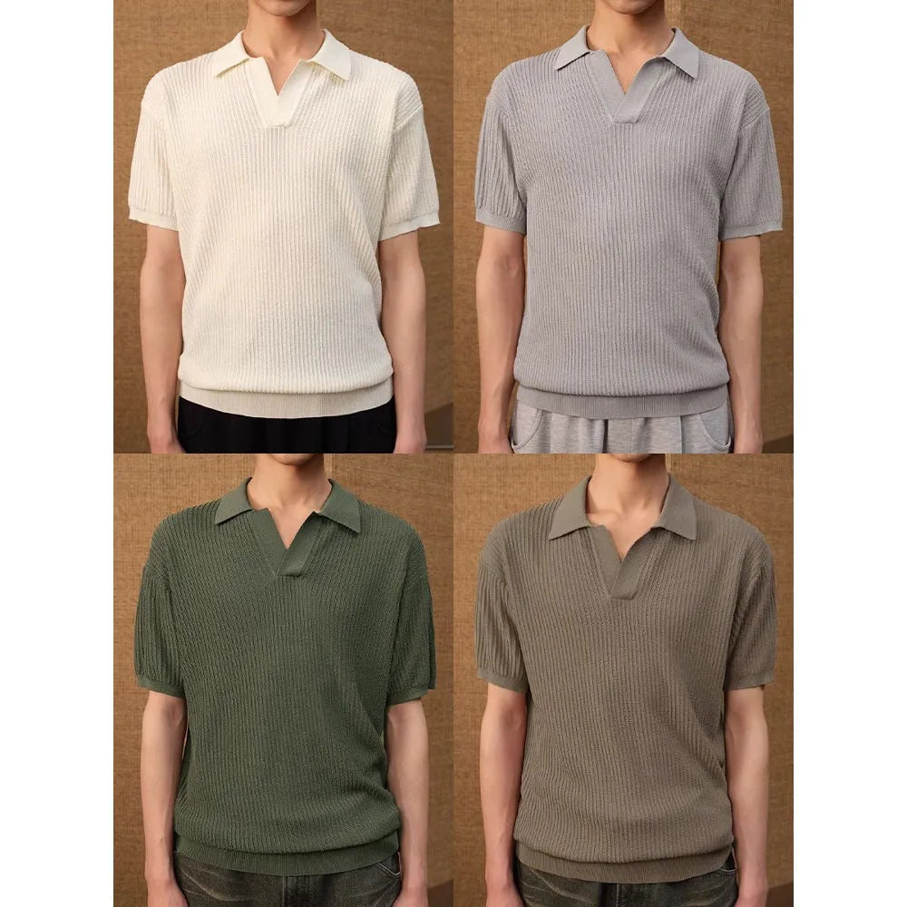 Man wearing a beige short-sleeve polo shirt with a striped collar, showcasing business casual summer style.