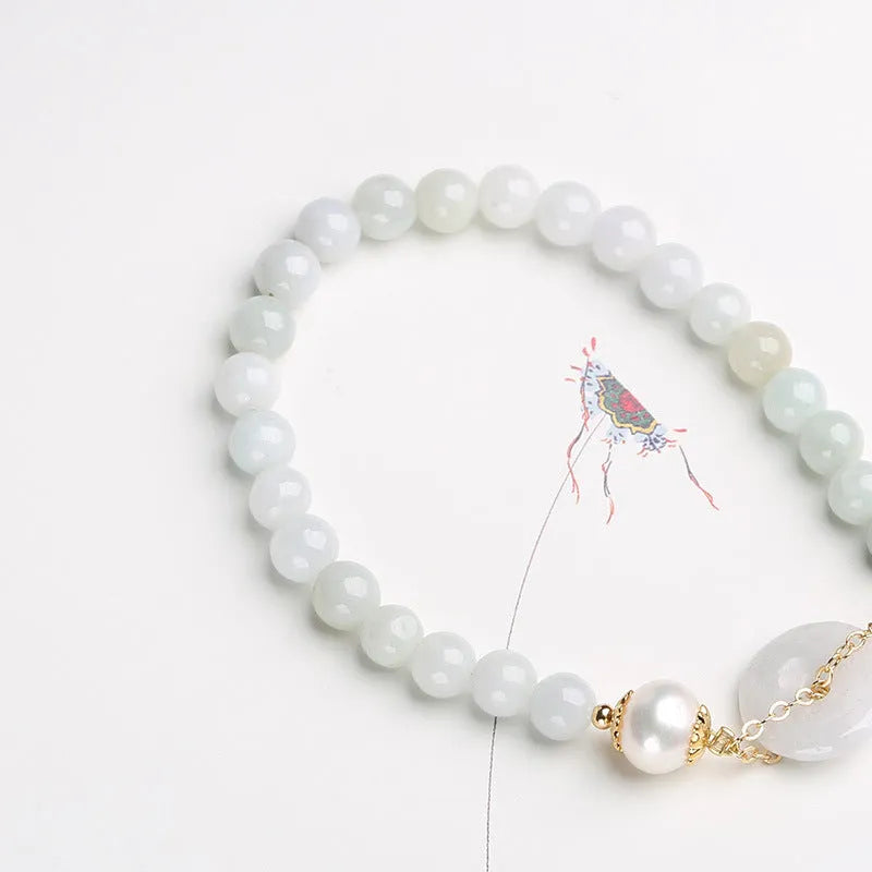 Natural emerald green jade peace buckle pearl bracelet with geometric pendant for women