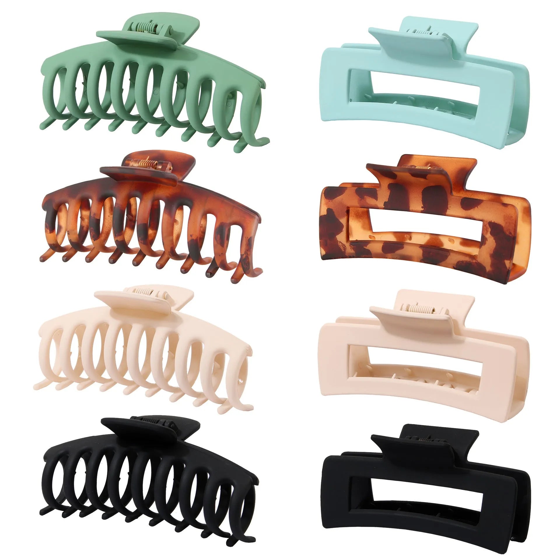 Six simple quadrilateral hair clips with frosted finish in nude and rose red colours