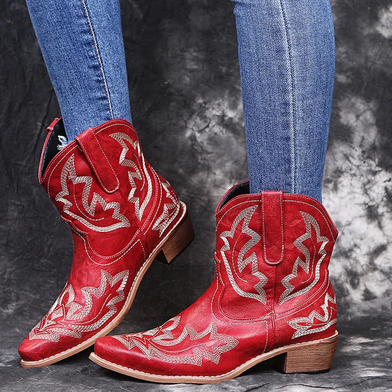 Blue women's Western cowgirl boots with embroidery detail, low wedge heel, and pointed toe.