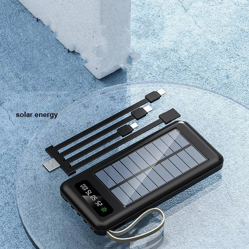 Solar power bank in black or white with capacity display and integrated solar panel.
