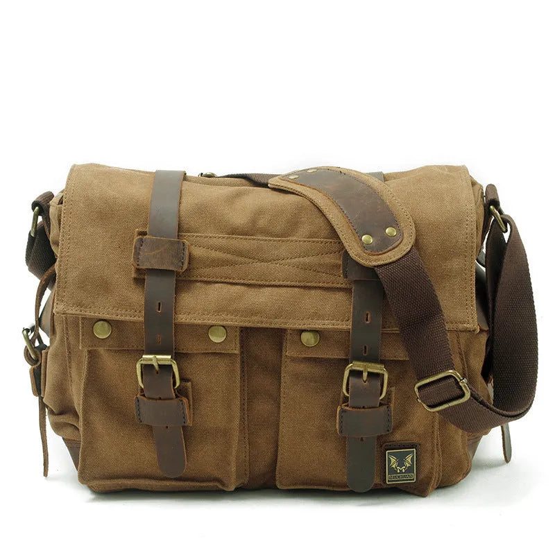 Army Green men's retro canvas crossbody shoulder bag with leather trim showing flap and internal organiser pockets.